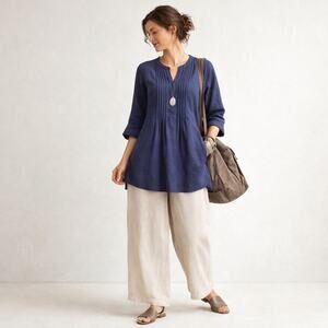 Dolma Top Womens Large 100% Linen Tunic Beachy Lagenlook Casual Blue Coastal